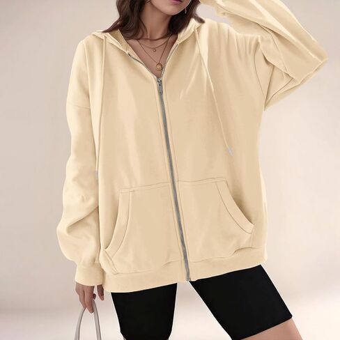 Zip Up Hoodie Women Oversized Hooded Sweatshirt Fall Winter Fleece Long Sleeve Tops Drop Shoulder Jacket With Pockets in Saudi Arabia