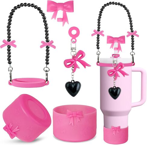 Black Bow Stanley Cup Accessories Set Including Siliocne Straw Cover, Siliocne Boot, Water Bottle Handle Strap, Charms for Stanley Cup 40oz 30oz Tumbler with Handle, Black in Kuwait