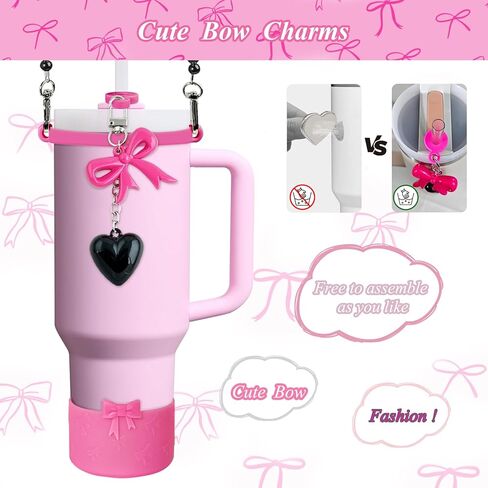 Black Bow Stanley Cup Accessories Set Including Siliocne Straw Cover, Siliocne Boot, Water Bottle Handle Strap, Charms for Stanley Cup 40oz 30oz Tumbler with Handle, Black in Kuwait