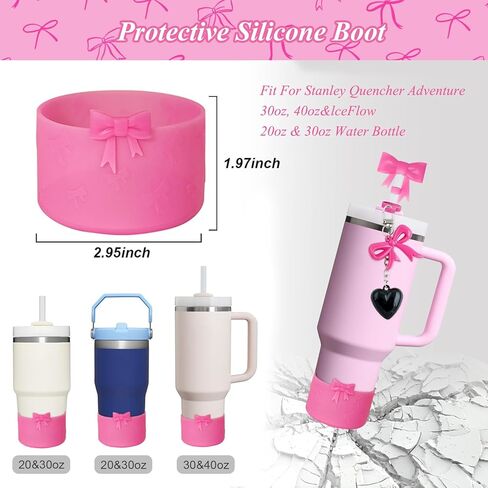 Black Bow Stanley Cup Accessories Set Including Siliocne Straw Cover, Siliocne Boot, Water Bottle Handle Strap, Charms for Stanley Cup 40oz 30oz Tumbler with Handle, Black in Kuwait