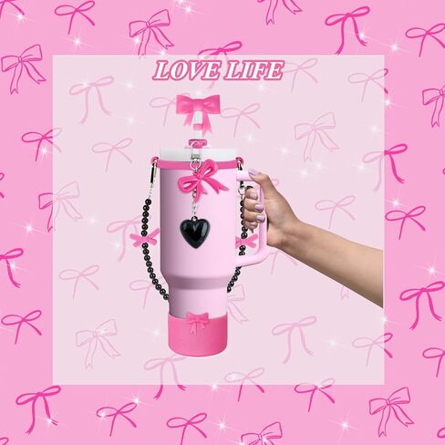 Black Bow Stanley Cup Accessories Set Including Siliocne Straw Cover, Siliocne Boot, Water Bottle Handle Strap, Charms for Stanley Cup 40oz 30oz Tumbler with Handle, Black in Kuwait