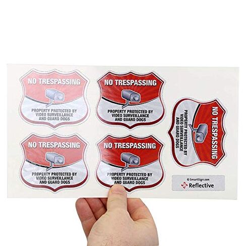 SmartSign No Trespressing - خاصية محمية بواسطة مراقبة الفيديو وحراسة Dogs Shield Label | 2.75 "× 3.25" على سبيل المثال لاصق عاكس ، حزمة من 5 ، مصنوعة في الولايات المتحدة الأمريكية in Saudi Arabia
