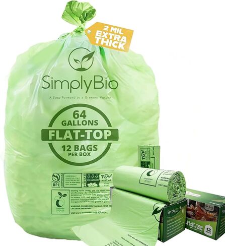 50-55 Gallon Compostable Trash Bags with Flat-Top, Heavy Duty Extra Thick 1.57 Mil, 208.2 Liter, 12 Bags, Large Lawn and Yard Waste Bag, ASTM D6400, US BPI and OK Compost Home Certified in Saudi Arabia