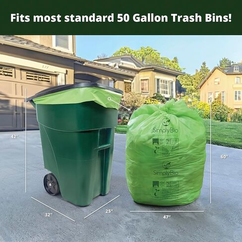 50-55 Gallon Compostable Trash Bags with Flat-Top, Heavy Duty Extra Thick 1.57 Mil, 208.2 Liter, 12 Bags, Large Lawn and Yard Waste Bag, ASTM D6400, US BPI and OK Compost Home Certified in Saudi Arabia