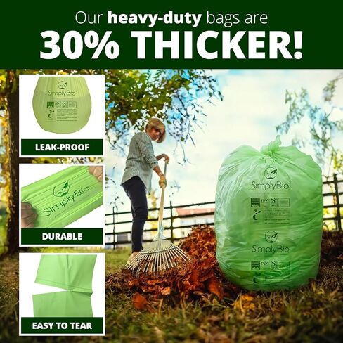 50-55 Gallon Compostable Trash Bags with Flat-Top, Heavy Duty Extra Thick 1.57 Mil, 208.2 Liter, 12 Bags, Large Lawn and Yard Waste Bag, ASTM D6400, US BPI and OK Compost Home Certified in Saudi Arabia