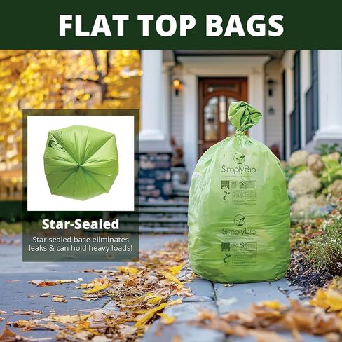 50-55 Gallon Compostable Trash Bags with Flat-Top, Heavy Duty Extra Thick 1.57 Mil, 208.2 Liter, 12 Bags, Large Lawn and Yard Waste Bag, ASTM D6400, US BPI and OK Compost Home Certified in Saudi Arabia
