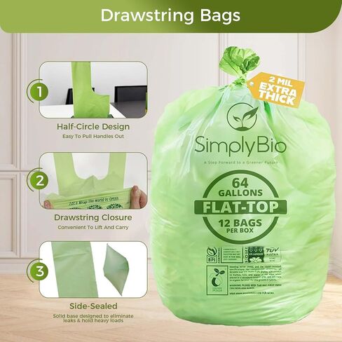 50-55 Gallon Compostable Trash Bags with Flat-Top, Heavy Duty Extra Thick 1.57 Mil, 208.2 Liter, 12 Bags, Large Lawn and Yard Waste Bag, ASTM D6400, US BPI and OK Compost Home Certified in Saudi Arabia