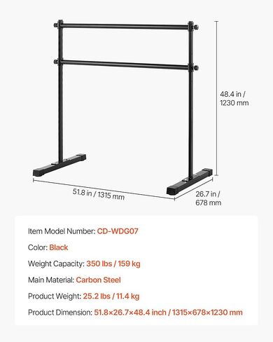 VEVOR Ballet Barre, 4 Ft Double Barre Bar for Home, Freestanding Portable Ballet Stretching Dance Bars, Height Adjustable Anti-Wobble Fitness Studio Equipment, for Pilates Balance Workout in Saudi Arabia