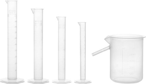 مجموعة أسطوانة متخرج Eisco - 10 مل ، 25 مل ، 50 مل و 100 مل + 250 مل سفينة إزاحة - تسامح الفئة ب - قاعدة مثمنة - البلاستيك البولي بروبيلين - الجودة الصناعية ، Autolavable in Saudi Arabia