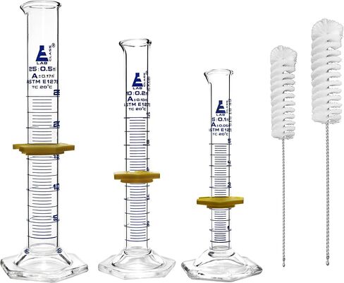 EISCO Graduated Cylinders & Cleaning Brushes - 5 Piece Set - ASTM, Class A - 5mL, 10mL, 25mL - Blue Graduations - 2 Nylon Bristle Brushes - Borosilicate 3.3 Glass in Saudi Arabia