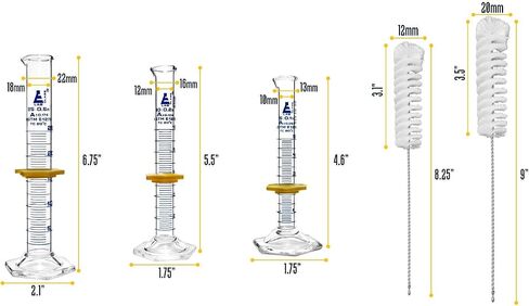 EISCO Graduated Cylinders & Cleaning Brushes - 5 Piece Set - ASTM, Class A - 5mL, 10mL, 25mL - Blue Graduations - 2 Nylon Bristle Brushes - Borosilicate 3.3 Glass in Saudi Arabia