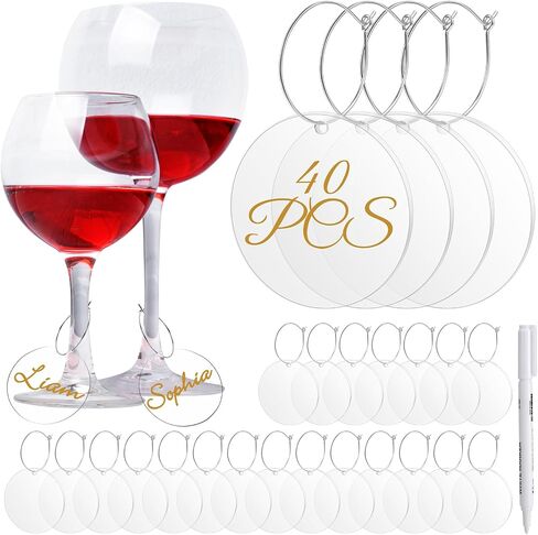 Tondiamo 40 Pcs DIY Wine Charms for Glasses Silver Acrylic Wine Charms with Rings Tags Marker Pen Round Blank Glass Labels Bulk for Stem Glasses Cocktail Champagne Wedding Dinner Party Favor in Saudi Arabia