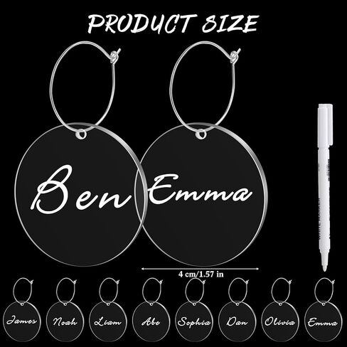 Tondiamo 40 Pcs DIY Wine Charms for Glasses Silver Acrylic Wine Charms with Rings Tags Marker Pen Round Blank Glass Labels Bulk for Stem Glasses Cocktail Champagne Wedding Dinner Party Favor in Saudi Arabia