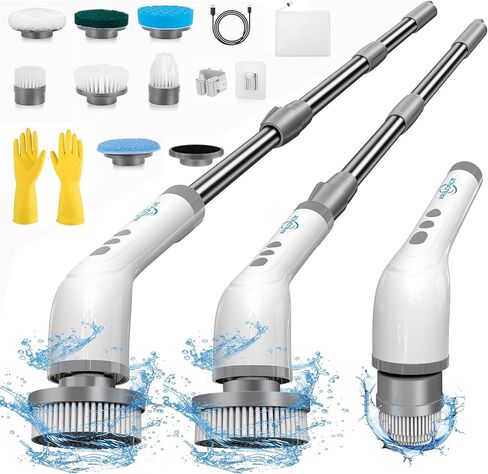 Electric Spin Scrubber, Cordless Cleaning Brush with 8 Brush Heads, 2 Speeds, Adjustable Handle for Kitchen, Bathroom, Furniture Cleaning - Grey in Saudi Arabia