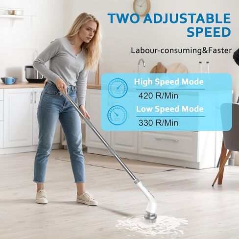 Electric Spin Scrubber, Cordless Cleaning Brush with 8 Brush Heads, 2 Speeds, Adjustable Handle for Kitchen, Bathroom, Furniture Cleaning - Grey in Saudi Arabia