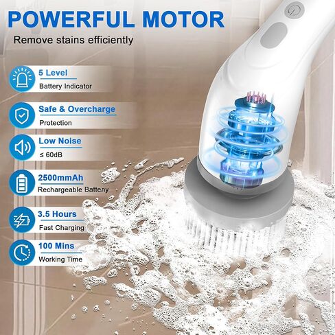 Electric Spin Scrubber, Cordless Cleaning Brush with 8 Brush Heads, 2 Speeds, Adjustable Handle for Kitchen, Bathroom, Furniture Cleaning - Grey in Saudi Arabia