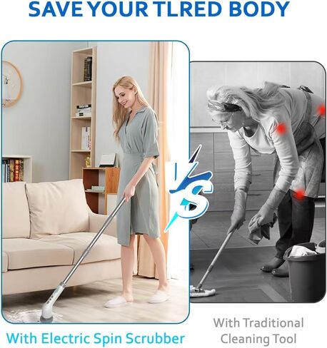 Electric Spin Scrubber, Cordless Cleaning Brush with 8 Brush Heads, 2 Speeds, Adjustable Handle for Kitchen, Bathroom, Furniture Cleaning - Grey in Saudi Arabia