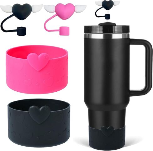 4pcs إكسسوارات كأس القلب المحددة لـ Stanley ، بما في ذلك 2pcs Cute Straw Cover Caps 10mm القطر القش ، وميض 2pcs حامي أحذية السيليكون لـ Stanley Quencher H2.0 Tumbler 30 & 40oz ، وردة وردية اللون in Kuwait
