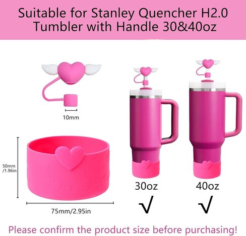 4pcs إكسسوارات كأس القلب المحددة لـ Stanley ، بما في ذلك 2pcs Cute Straw Cover Caps 10mm القطر القش ، وميض 2pcs حامي أحذية السيليكون لـ Stanley Quencher H2.0 Tumbler 30 & 40oz ، وردة وردية اللون in Kuwait