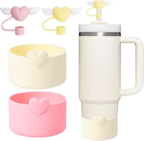 4pcs إكسسوارات كأس القلب المحددة لـ Stanley ، بما في ذلك 2pcs Cute Straw Cover Caps 10mm القطر القش ، وميض 2pcs حامي أحذية السيليكون لـ Stanley Quencher H2.0 Tumbler 30 & 40oz ، وردة وردية اللون in Saudi Arabia