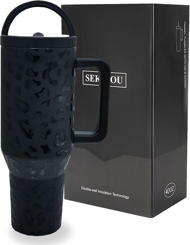 Flip Straw Tumbler 40 OZ, Stainless Steel Tumbler with Straw, Leak Proof Lid and Top Handle, Reusable Insulated Cup for Home, Outdoors, Leakproof, Fits in Cup Holder (Black Leopard) in Saudi Arabia