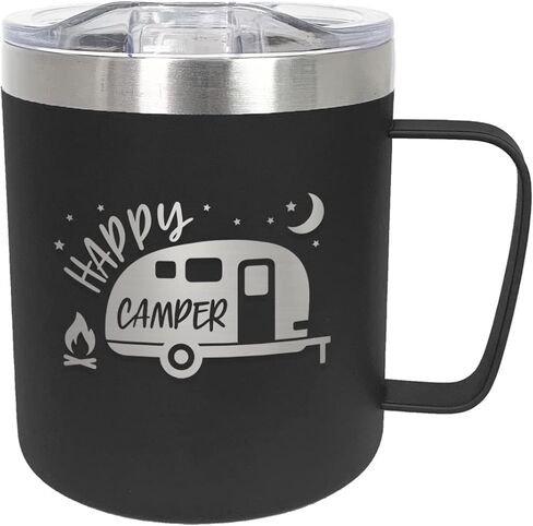 Happy Camper Steel Campfire Mug / 12 Ounce Black Engraved Double Sided To Go Travel Stainless Steel Coffee Mug With Lid / 12 Ounce Outdoor Camping Cup Present in Saudi Arabia