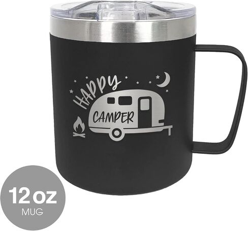 Happy Camper Steel Campfire Mug / 12 Ounce Black Engraved Double Sided To Go Travel Stainless Steel Coffee Mug With Lid / 12 Ounce Outdoor Camping Cup Present in Saudi Arabia