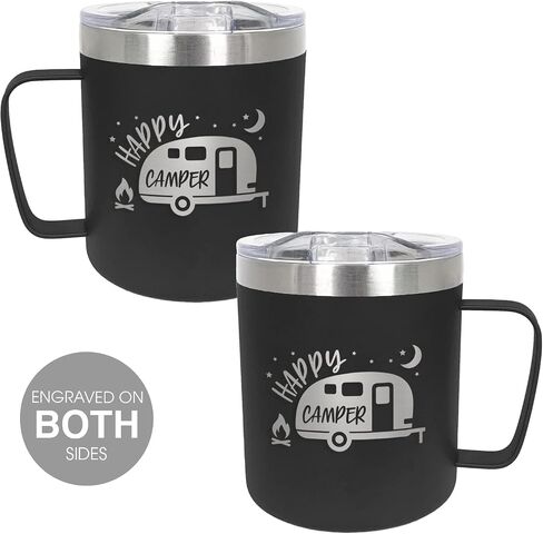 Happy Camper Steel Campfire Mug / 12 Ounce Black Engraved Double Sided To Go Travel Stainless Steel Coffee Mug With Lid / 12 Ounce Outdoor Camping Cup Present in Saudi Arabia