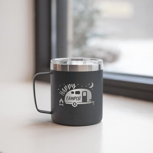 Happy Camper Steel Campfire Mug / 12 Ounce Black Engraved Double Sided To Go Travel Stainless Steel Coffee Mug With Lid / 12 Ounce Outdoor Camping Cup Present in Saudi Arabia