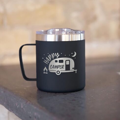 Happy Camper Steel Campfire Mug / 12 Ounce Black Engraved Double Sided To Go Travel Stainless Steel Coffee Mug With Lid / 12 Ounce Outdoor Camping Cup Present in Saudi Arabia