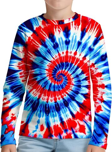 Kids Tie Dye Long Sleeve Shirts Quick Dry Sun Protection UPF 50+ UV Rash Guard Shirt for 6-18 Years Old Boys Girls in Kuwait