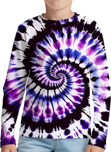 Kids Tie Dye Long Sleeve Shirts Quick Dry Sun Protection UPF 50+ UV Rash Guard Shirt for 6-18 Years Old Boys Girls in Kuwait
