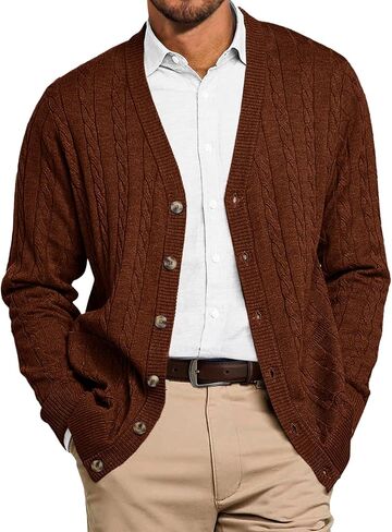 Runcati Mens Cable Knit Cardigan Sweater V Neck Casual Button Down Sweaters Long Sleeve Fall Outwear with Pockets in Saudi Arabia