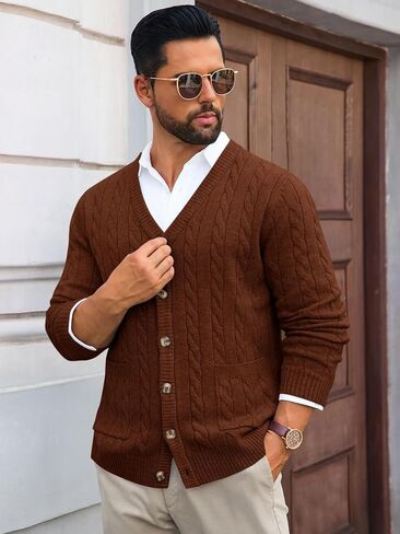 Runcati Mens Cable Knit Cardigan Sweater V Neck Casual Button Down Sweaters Long Sleeve Fall Outwear with Pockets in Saudi Arabia