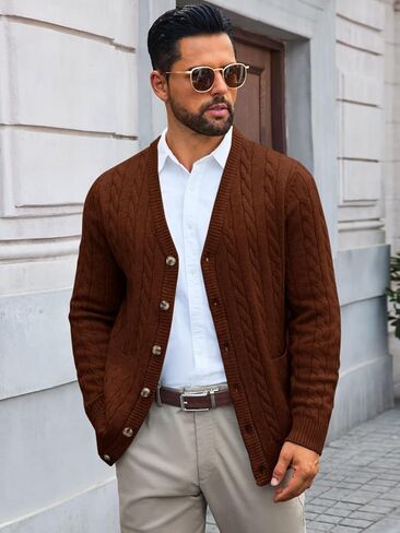 Runcati Mens Cable Knit Cardigan Sweater V Neck Casual Button Down Sweaters Long Sleeve Fall Outwear with Pockets in Saudi Arabia