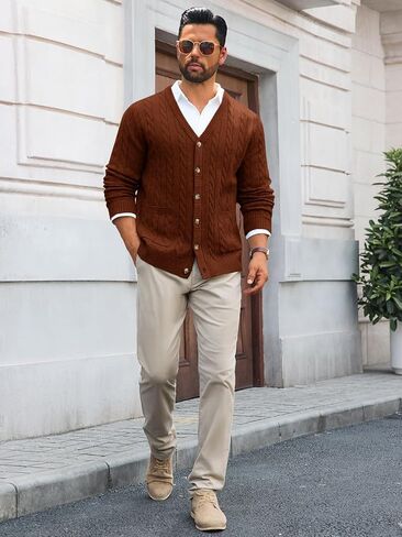 Runcati Mens Cable Knit Cardigan Sweater V Neck Casual Button Down Sweaters Long Sleeve Fall Outwear with Pockets in Saudi Arabia