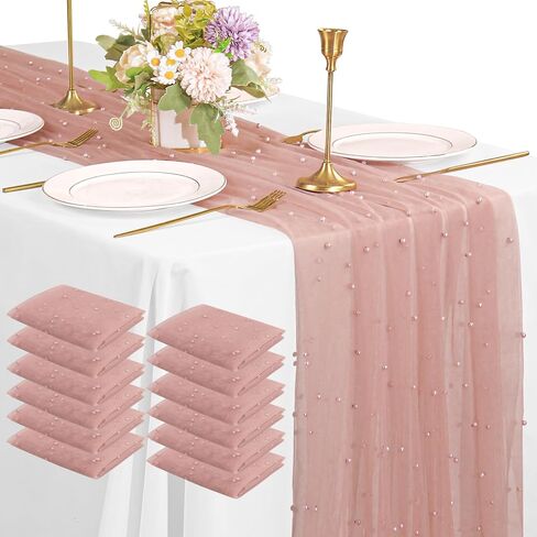 12 Pack 10FT Pearl Table Runner 30x120 Inch Dusty Pink Tulle Fabric Boho Rustic Sheer Table Runners Lace Table Cloth for Wedding Bridal Shower Birthday Party Arch Veil Dessert Table Decor (Dusty Pink) in Kuwait