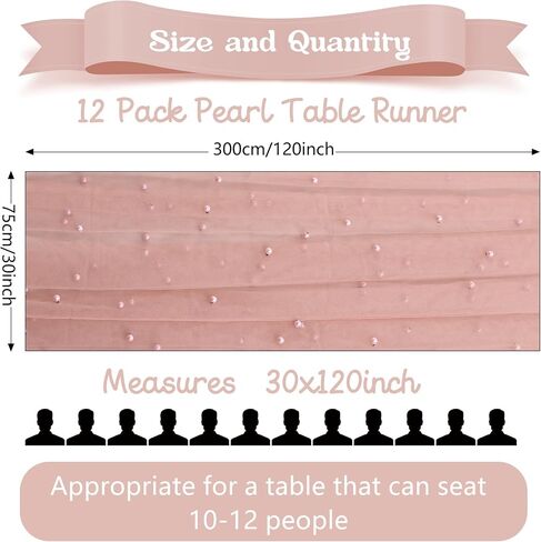 12 Pack 10FT Pearl Table Runner 30x120 Inch Dusty Pink Tulle Fabric Boho Rustic Sheer Table Runners Lace Table Cloth for Wedding Bridal Shower Birthday Party Arch Veil Dessert Table Decor (Dusty Pink) in Kuwait