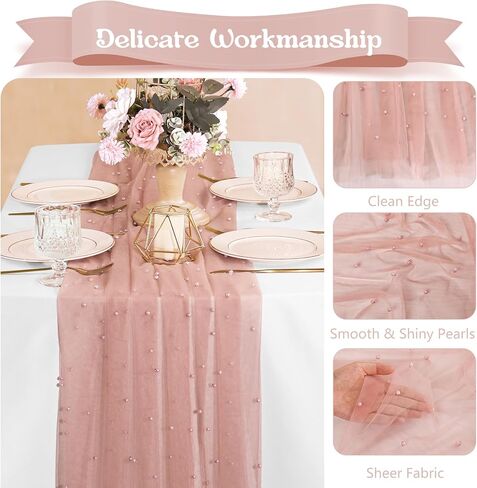 12 Pack 10FT Pearl Table Runner 30x120 Inch Dusty Pink Tulle Fabric Boho Rustic Sheer Table Runners Lace Table Cloth for Wedding Bridal Shower Birthday Party Arch Veil Dessert Table Decor (Dusty Pink) in Kuwait