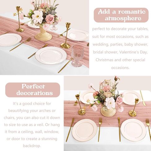 12 Pack 10FT Pearl Table Runner 30x120 Inch Dusty Pink Tulle Fabric Boho Rustic Sheer Table Runners Lace Table Cloth for Wedding Bridal Shower Birthday Party Arch Veil Dessert Table Decor (Dusty Pink) in Kuwait