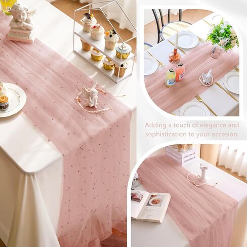 12 Pack 10FT Pearl Table Runner 30x120 Inch Dusty Pink Tulle Fabric Boho Rustic Sheer Table Runners Lace Table Cloth for Wedding Bridal Shower Birthday Party Arch Veil Dessert Table Decor (Dusty Pink) in Kuwait