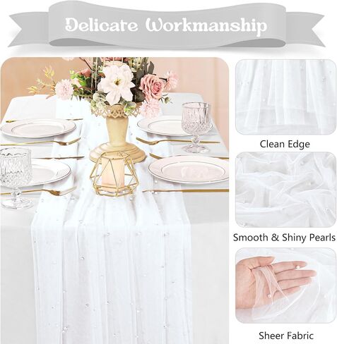 12 Pack 10FT Pearl Table Runner 30x120 Inch Dusty Pink Tulle Fabric Boho Rustic Sheer Table Runners Lace Table Cloth for Wedding Bridal Shower Birthday Party Arch Veil Dessert Table Decor (Dusty Pink) in Kuwait
