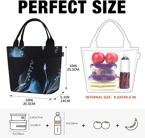 Aosbos Large Lunch Bags for Adult Lunch Box for Women Insulated LunchBox Soft Cooler Tote Bag Food Organizer Holder Lunchbag Black Dream Flower in Kuwait