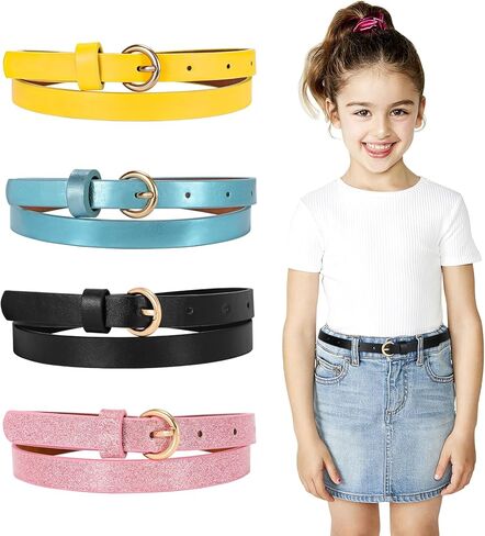 JASGOOD 4 Pack 3 Pack Kids Skinny Belts Glitter PU Leather Belt for Girls Colorful Girl Belt with Gold Buckle for Jeans Dress in Kuwait