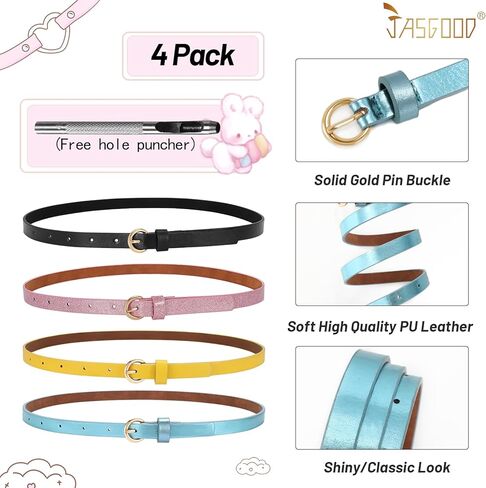 JASGOOD 4 Pack 3 Pack Kids Skinny Belts Glitter PU Leather Belt for Girls Colorful Girl Belt with Gold Buckle for Jeans Dress in Kuwait