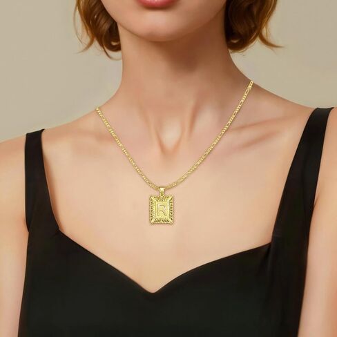 D&K Essentials Initial Necklace for Women and Men 14K Gold Plated Square Letter Pendant with A - Z Capital Monogram on Figaro Chain, Stylish and Hypoallergenic Jewelry in Saudi Arabia