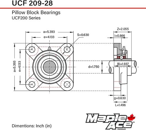 MAPLE ACE UCF209-28 Square Flange Bearing 1-3/4" Bore, 4-Bolt Self-Aligning, Solid Base, Heavy Duty (Qty 4) in Saudi Arabia