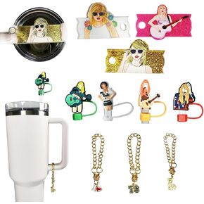 Music Theme Stanley Cup Accessories Set, 4 pcs of 10mm Straw Covers Cap, 3pcs 40oz Stanley Name Plate, 3pcs Charms, Popular Singer Tumbler Decorations in Saudi Arabia