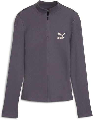 PUMA Womens Classics مضلعة عن الرقبة الطويلة الأكمام نصف الرمز البريدي قمم غير رسمية تقنية الراحة العادية - الرمادي - الحجم L in Saudi Arabia