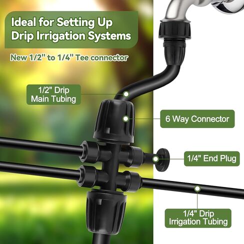 Kalolary 5PCS 1/2'' to 1/4'' Barbed Tee Quick Connectors, Push-to-Fit 6 Way Drip Irrigation Fittings with 4PCS Plugs Anti-Leak Drip Irrigation Part for 1/2" Irrigation Tubing Garden Watering System in Kuwait
